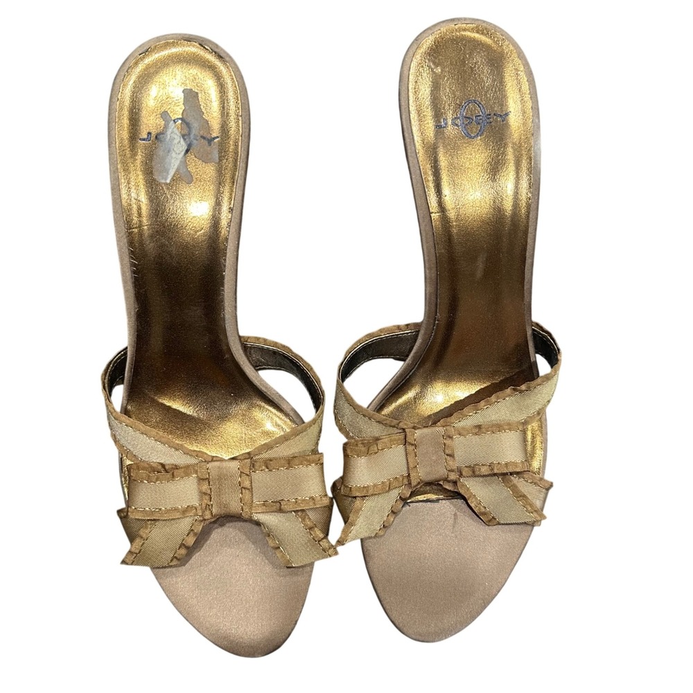 Joey O Womens Gold Satin Bow Slide Sandals Stiletto Heel Mules Open Toe Dressy